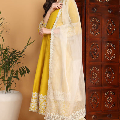 Yellow Silk Blend Solid Embroidered Flared Suit Set PKSKD2193