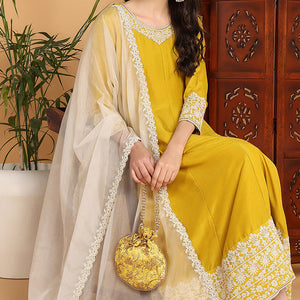 Yellow Silk Blend Solid Embroidered Flared Suit Set PKSKD2193