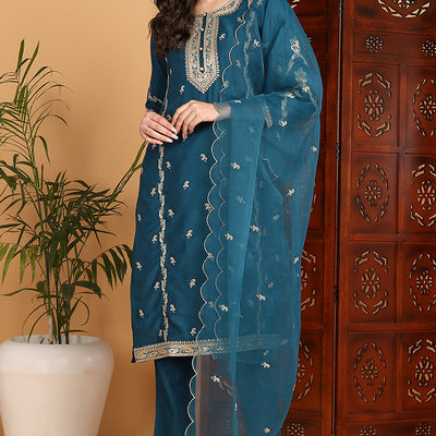 Teal Silk Blend Ethnic Motifs Embroidered Straight Suit Set PKSKD2198