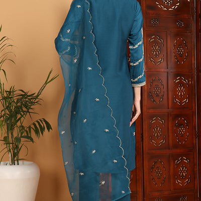 Teal Silk Blend Ethnic Motifs Embroidered Straight Suit Set PKSKD2198