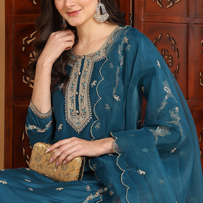 Teal Silk Blend Ethnic Motifs Embroidered Straight Suit Set PKSKD2198