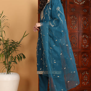 Teal Silk Blend Ethnic Motifs Embroidered Straight Suit Set PKSKD2198