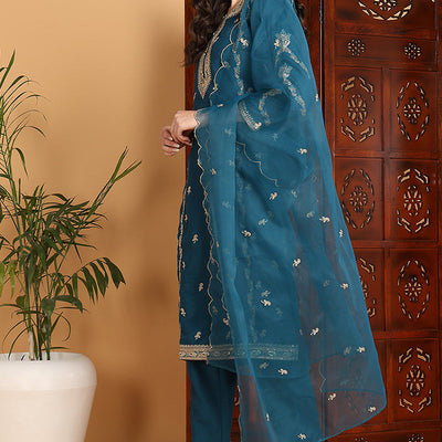 Teal Silk Blend Ethnic Motifs Embroidered Straight Suit Set PKSKD2198