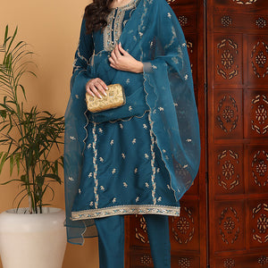 Teal Silk Blend Ethnic Motifs Embroidered Straight Suit Set PKSKD2198