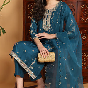 Teal Silk Blend Ethnic Motifs Embroidered Straight Suit Set PKSKD2198