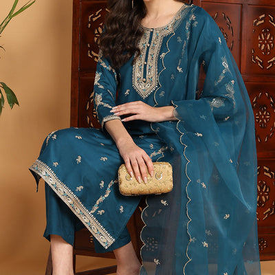 Teal Silk Blend Ethnic Motifs Embroidered Straight Suit Set PKSKD2198