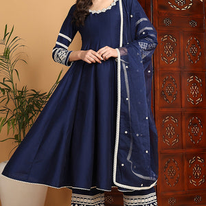 Navy Blue Silk Blend Solid Embroidered Anarkali Suit Set PKSKD2212