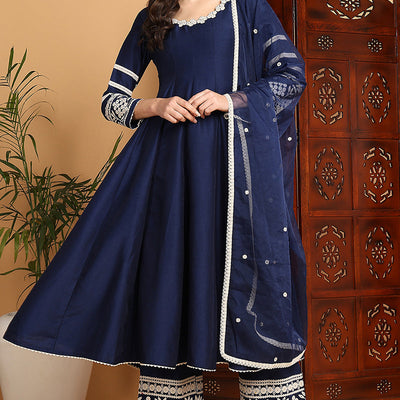 Navy Blue Silk Blend Solid Embroidered Anarkali Suit Set PKSKD2212