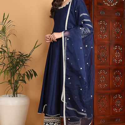 Navy Blue Silk Blend Solid Embroidered Anarkali Suit Set PKSKD2212