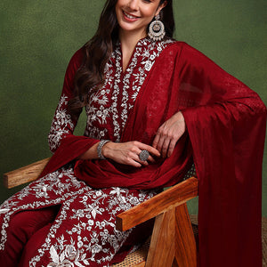 Maroon Silk Blend Solid Embroidered Straight Suit Set PKSKD2215