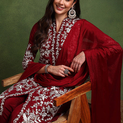 Maroon Silk Blend Solid Embroidered Straight Suit Set PKSKD2215