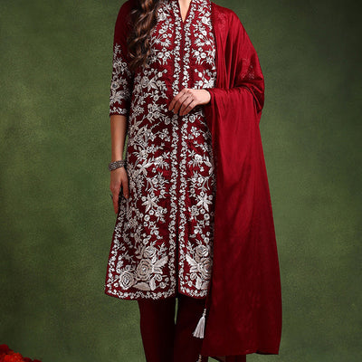 Maroon Silk Blend Solid Embroidered Straight Suit Set PKSKD2215