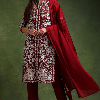 Maroon Silk Blend Solid Embroidered Straight Suit Set PKSKD2215