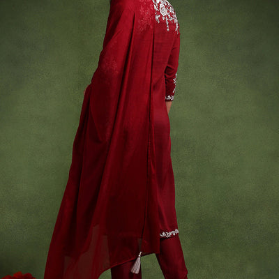Maroon Silk Blend Solid Embroidered Straight Suit Set PKSKD2215