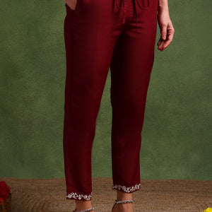 Maroon Silk Blend Solid Embroidered Straight Suit Set PKSKD2215