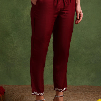 Maroon Silk Blend Solid Embroidered Straight Suit Set PKSKD2215