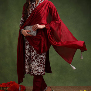 Maroon Silk Blend Solid Embroidered Straight Suit Set PKSKD2215