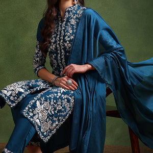 Teal Blue Silk Blend Solid Embroidered Straight Suit Set PKSKD2216