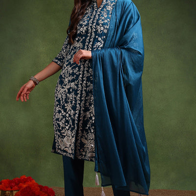 Teal Blue Silk Blend Solid Embroidered Straight Suit Set PKSKD2216