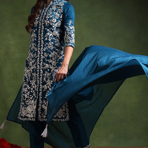 Teal Blue Silk Blend Solid Embroidered Straight Suit Set PKSKD2216