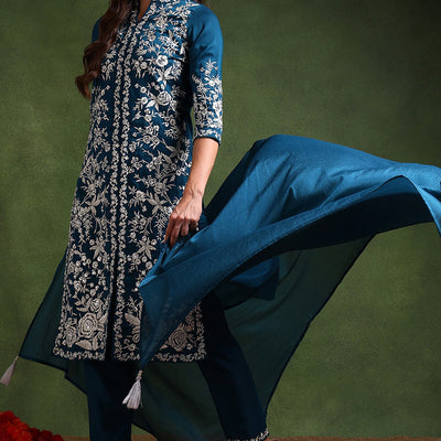 Teal Blue Silk Blend Solid Embroidered Straight Suit Set PKSKD2216