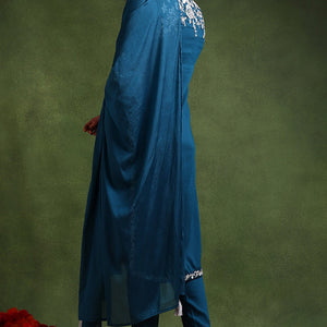 Teal Blue Silk Blend Solid Embroidered Straight Suit Set PKSKD2216
