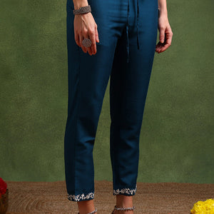Teal Blue Silk Blend Solid Embroidered Straight Suit Set PKSKD2216