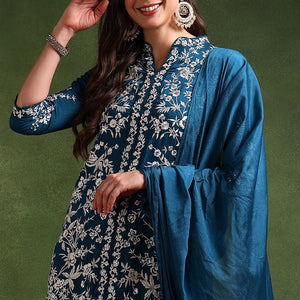 Teal Blue Silk Blend Solid Embroidered Straight Suit Set PKSKD2216