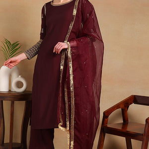 Burgundy Silk Blend Solid Embroidered Straight Regular Suit Set PKSKD2226