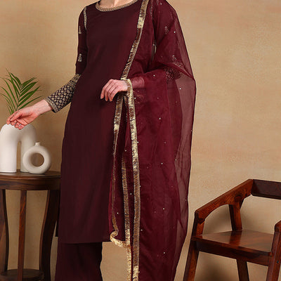 Burgundy Silk Blend Solid Embroidered Straight Regular Suit Set PKSKD2226