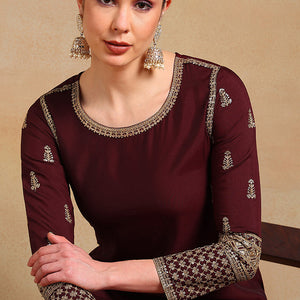 Burgundy Silk Blend Solid Embroidered Straight Regular Suit Set PKSKD2226