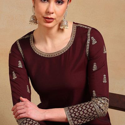 Burgundy Silk Blend Solid Embroidered Straight Regular Suit Set PKSKD2226