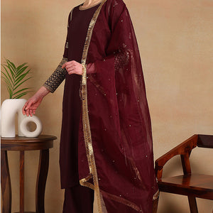 Burgundy Silk Blend Solid Embroidered Straight Regular Suit Set PKSKD2226