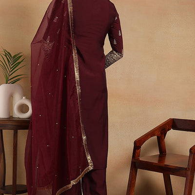 Burgundy Silk Blend Solid Embroidered Straight Regular Suit Set PKSKD2226