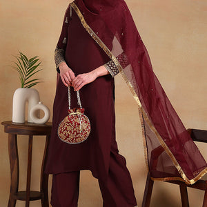 Burgundy Silk Blend Solid Embroidered Straight Regular Suit Set PKSKD2226