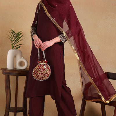 Burgundy Silk Blend Solid Embroidered Straight Regular Suit Set PKSKD2226