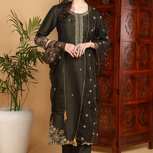 Olive Green Silk Blend Floral Embroidered Straight Suit Set PKSKD2239