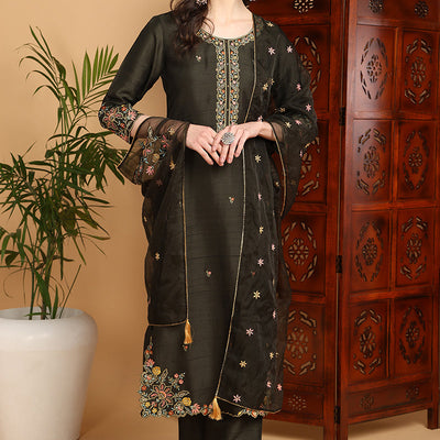 Olive Green Silk Blend Floral Embroidered Straight Suit Set PKSKD2239