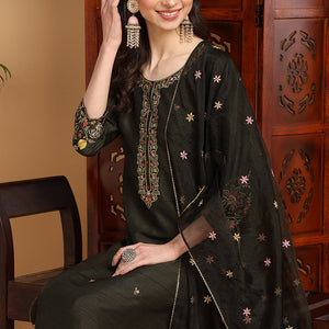 Olive Green Silk Blend Floral Embroidered Straight Suit Set PKSKD2239