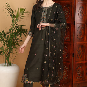Olive Green Silk Blend Floral Embroidered Straight Suit Set PKSKD2239