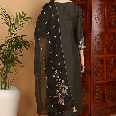 Olive Green Silk Blend Floral Embroidered Straight Suit Set PKSKD2239