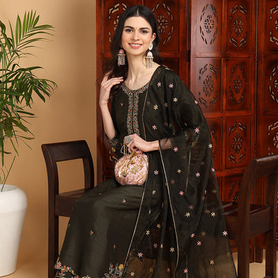 Olive Green Silk Blend Floral Embroidered Straight Suit Set PKSKD2239