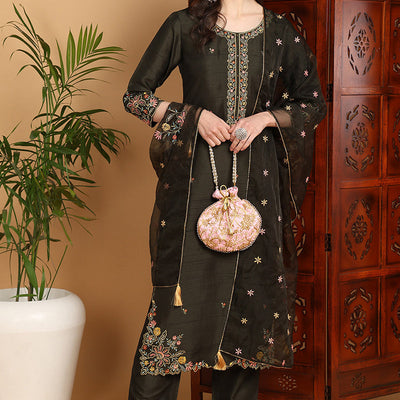 Olive Green Silk Blend Floral Embroidered Straight Suit Set PKSKD2239