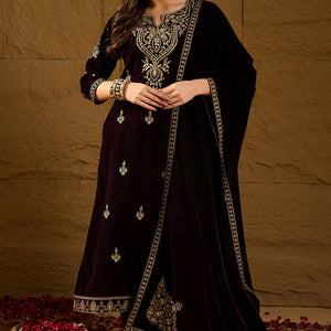 Purple Velvet Solid Embroidered Straight Trousers Suit Set PKSKD2254