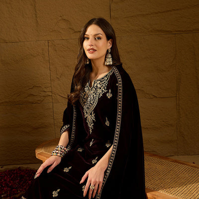 Purple Velvet Solid Embroidered Straight Trousers Suit Set PKSKD2254