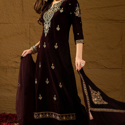 Purple Velvet Solid Embroidered Straight Trousers Suit Set PKSKD2254