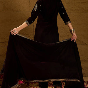 Purple Velvet Solid Embroidered Straight Trousers Suit Set PKSKD2254