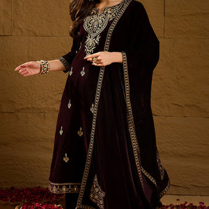 Purple Velvet Solid Embroidered Straight Trousers Suit Set PKSKD2254