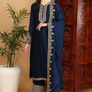 Navy Blue Silk Blend Solid Embroidered Straight Suit Set PKSKD2262