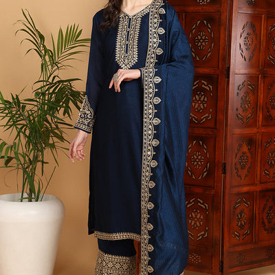Navy Blue Silk Blend Solid Embroidered Straight Suit Set PKSKD2262